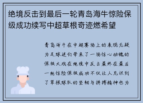 绝境反击到最后一轮青岛海牛惊险保级成功续写中超草根奇迹燃希望 绝境反击到最后一轮青岛海牛惊险保级成功续写中超草根奇迹燃希望